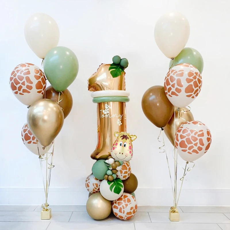 Jungle Animal Giraffe Digital Foil Balloons Set 1st Birthday Party Decor Baby Shower Latex Balloon 32inch Gold Number Globos