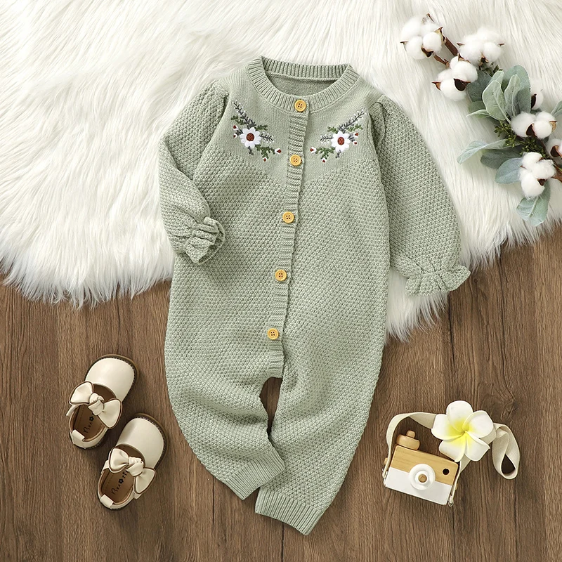 Newborn Baby Rompers Knitted Infant Girls Jumpsuit Fashion Ruffles Embroidery Autumn Toddler Clothing 0-18M Long Sleeve Overalls