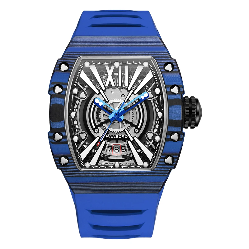 HANBORO Men's Tonneau Skeleton Carbon Fiber Automatic Mechanical Watch Calendar Display Future Fashion Style Watch