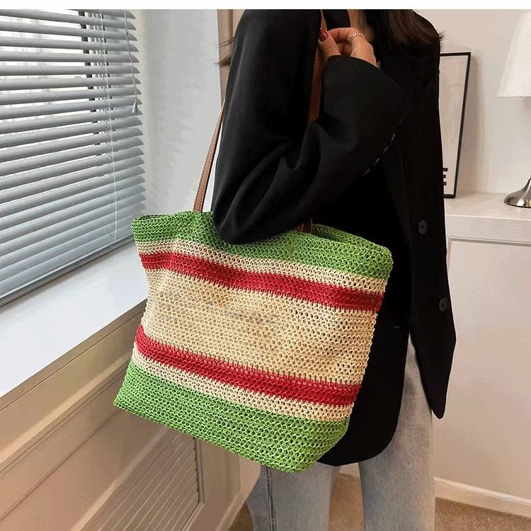 Fashionable Street Trend Woven Contrasting Stripes Beach Resort Style Straw Tote Large Capacity Women\'s Bag