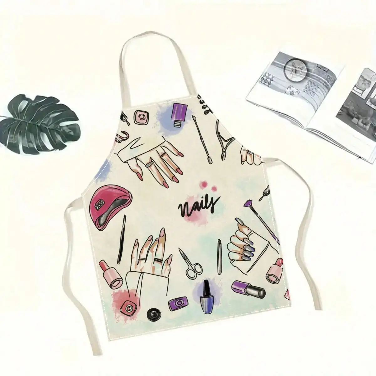 

Nail Art Apron, Manicure Tools Pattern, Pink Purple Watercolor Design, Salon Uniform for Women, Beauty Tech Cooking Smock