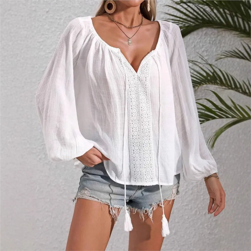 Spring Autumn New Long Sleeve White Shirts Women's Vintage Vacation Style Cotton Boho Blouses Lace Tasse Blouses Women Clothing