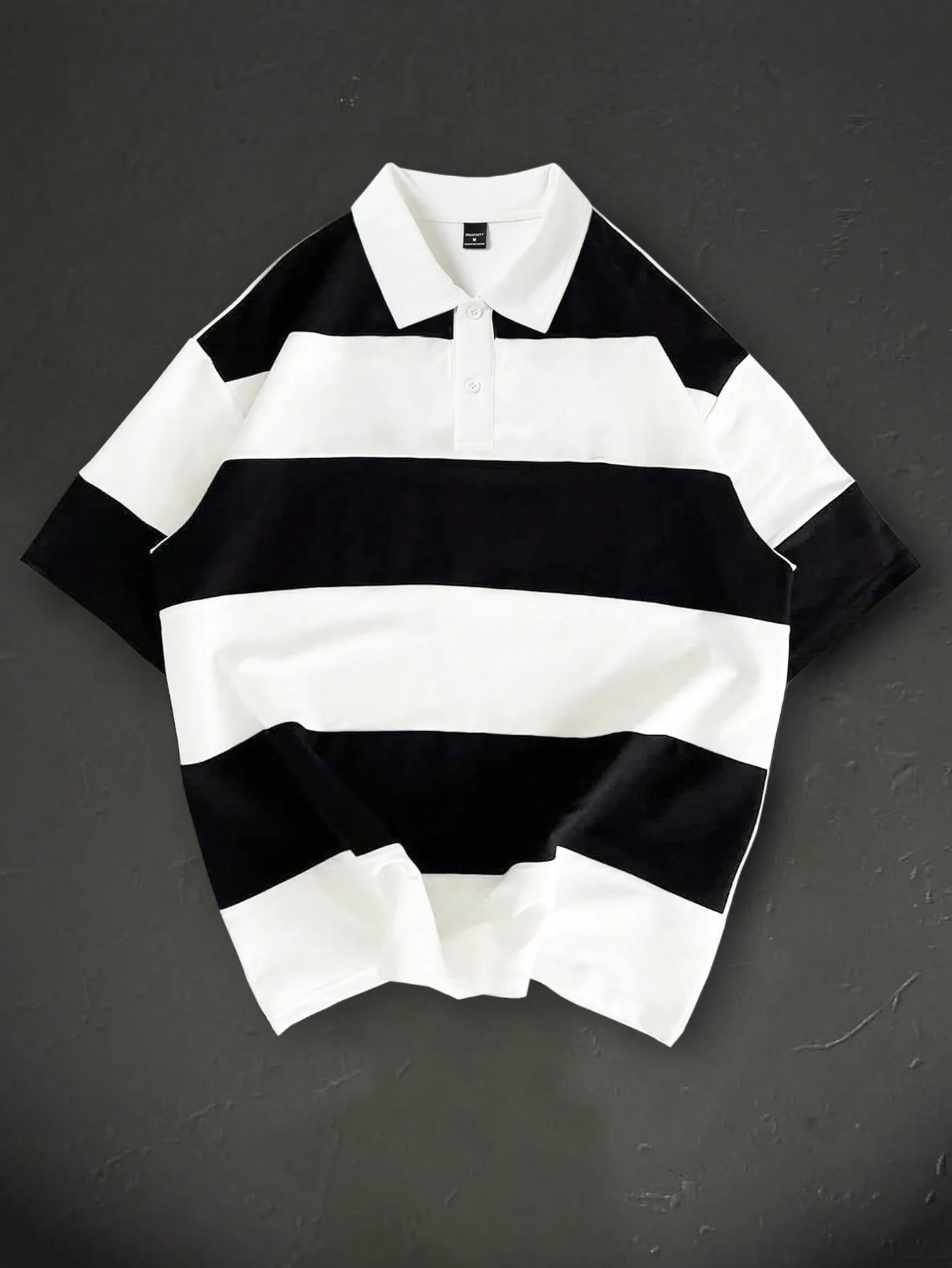 

Men's Black and White Striped Loose Fit Casual Polo Shirt, Short Sleeve