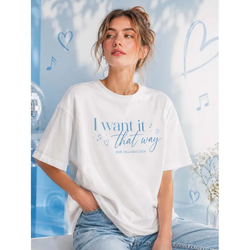 I Want It That Way BSB Dusseldorf 2026 Music Heart Print Women Loose T-Shirt Casual Short Sleeve White Oversized TeeFestivalGift