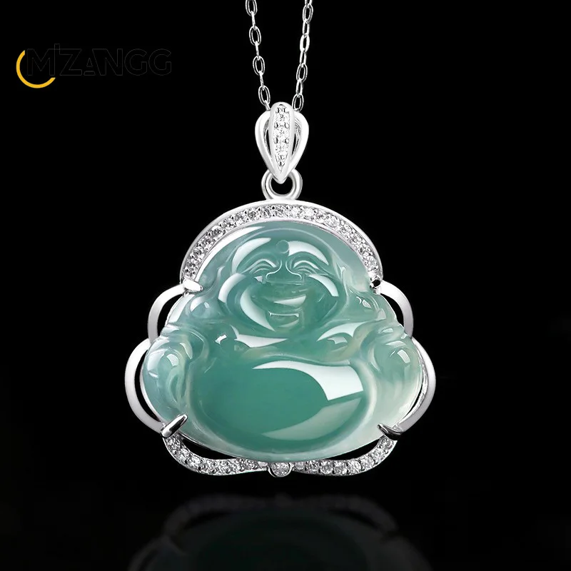 

Natural Jadeite Blue Water Buddha Maitreya Buddha Pendant S925 Silver Inlaid Exquisite Luxury Ice Jade Necklace Ladies Gift