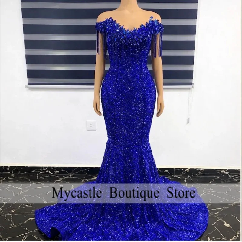 

New Sequin Royal Blue Diamond Tassel Prom Dress 2026 Off Shoulder Mermaid Shiny Crystal Gown Birthday Party Dress Customized