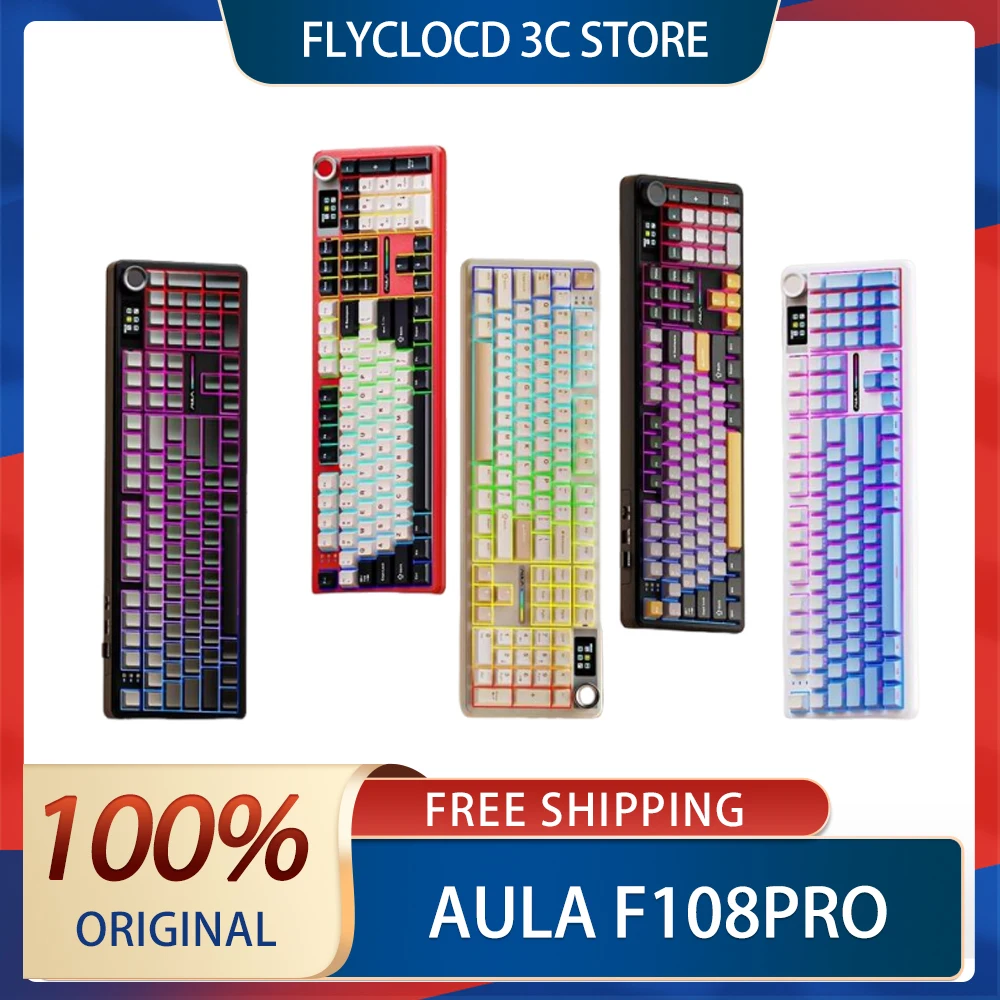 Aula F108Pro Mechanical Keyboard Three Mode Bluetooth Wireless Keyboard Multi functional knob Customized Gasket Keyboard PC Gift