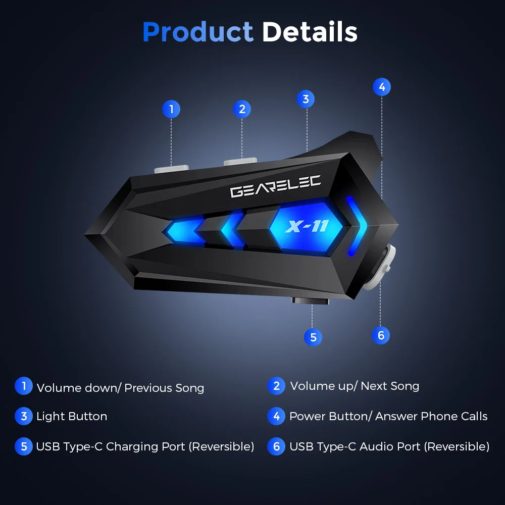GEARELEC Earphones Earp Motorcycle Helmet Headset Bluetooth Waterproof  Speaker Earphone Tri-Color Ambient Light Communicatio image 6