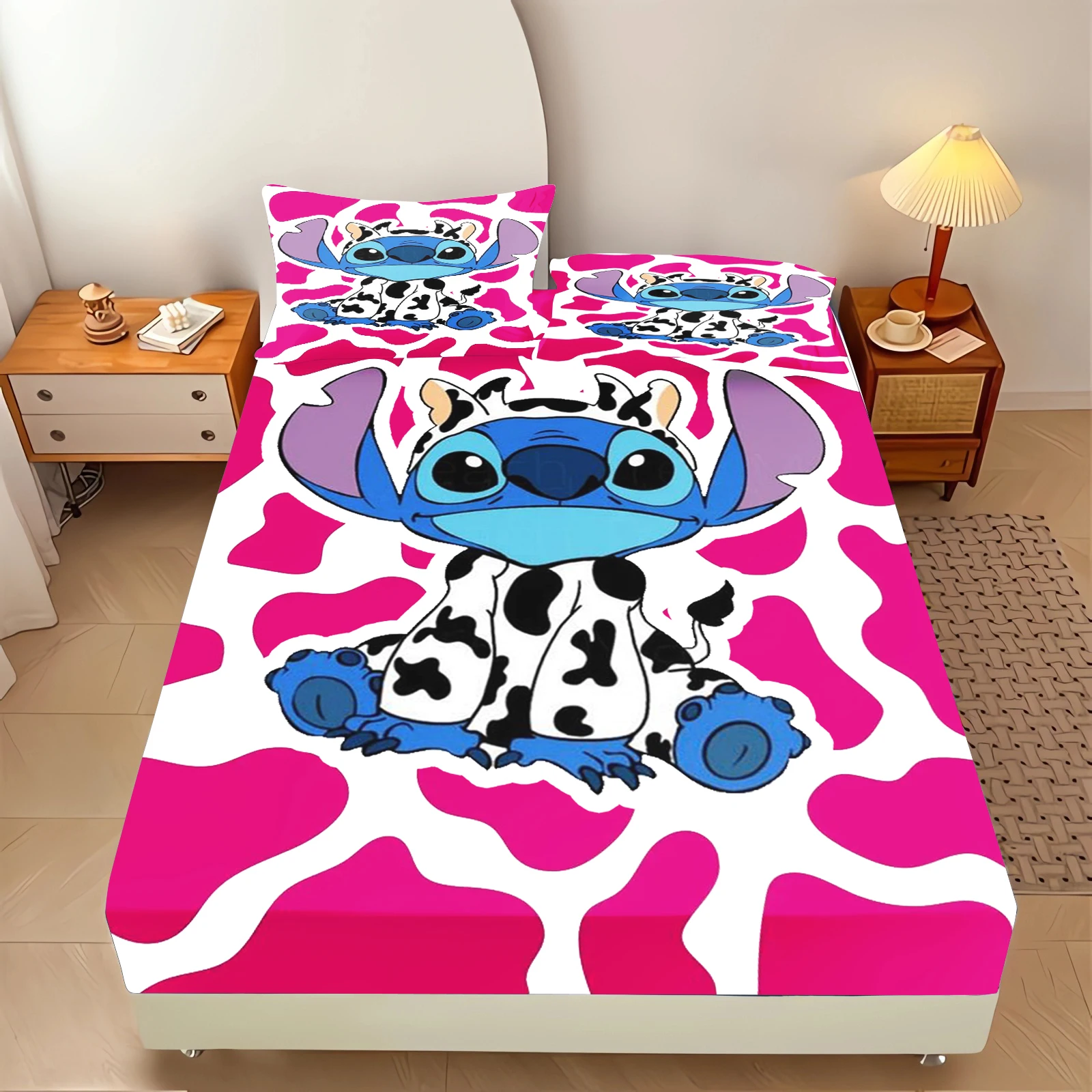 Stitch Fitted Sheet 100% Polyester Bedding Set With Pillowcase Suitable For Children And Adults Anime Kawaii