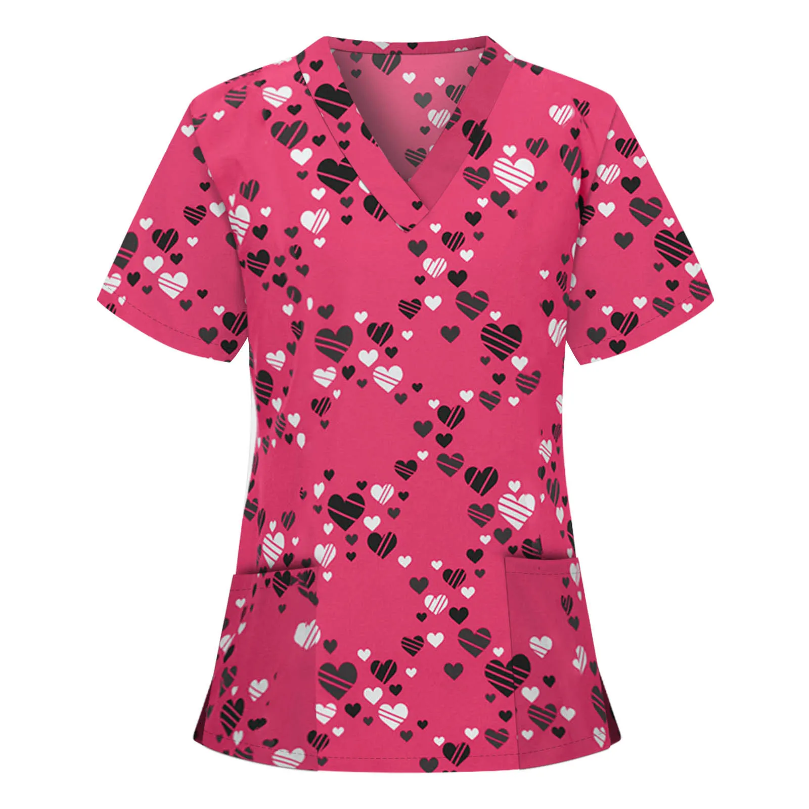 Women Scrubs Tops Valentine's Day Heart Print V Neck Nurse Uniform Healthcare Nursing Workers Tunic Beauty Salon Workwear Blouse