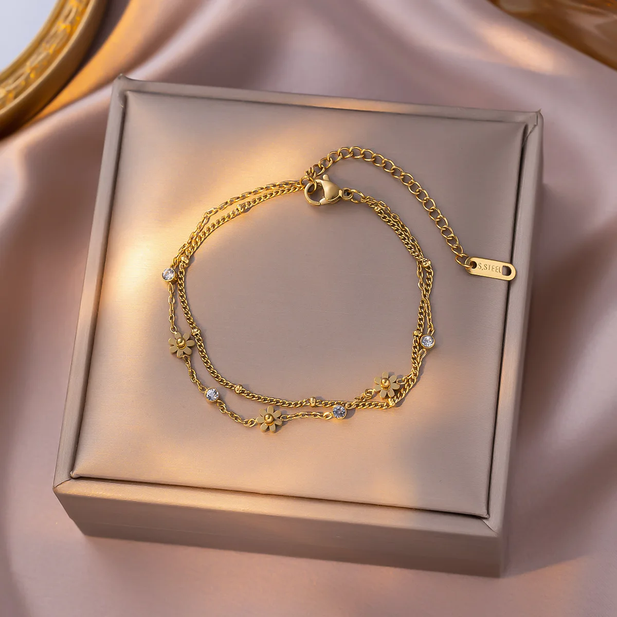 316L Stainless Steel New Fashion Fine Jewelry 2 Layer Embed Zircon Daisy Flowers Charm Chain Bracelets Bangles For Women