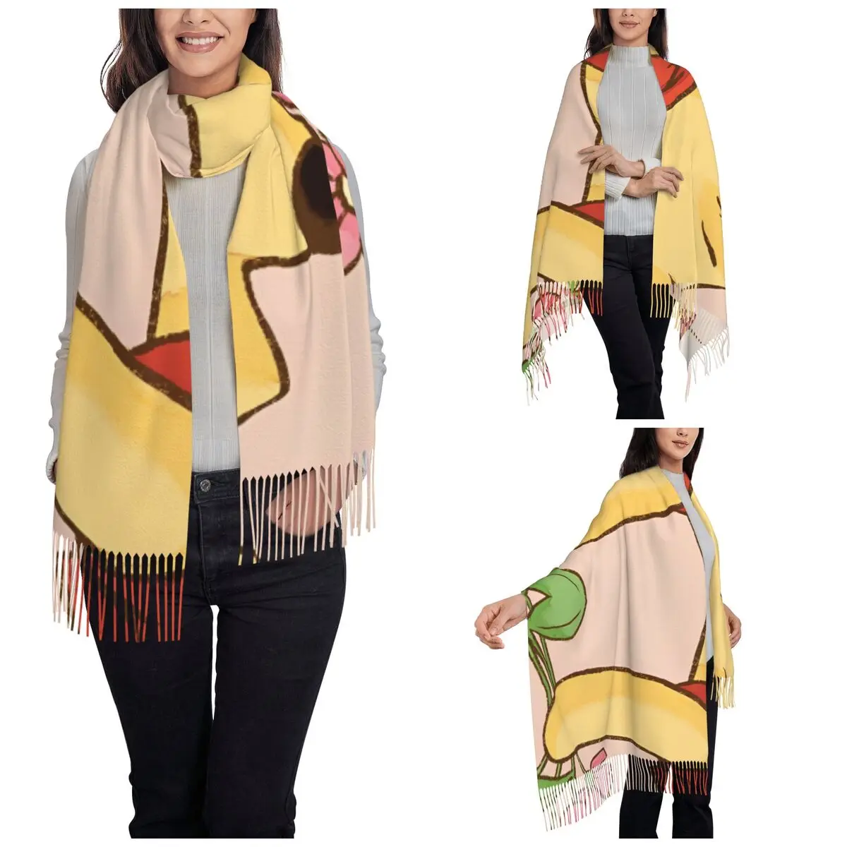 Cute Winnie The Pooh Lively Shawl Wraps for Ladies Winter Large Long Scarf Pashminas Tassel Scarves