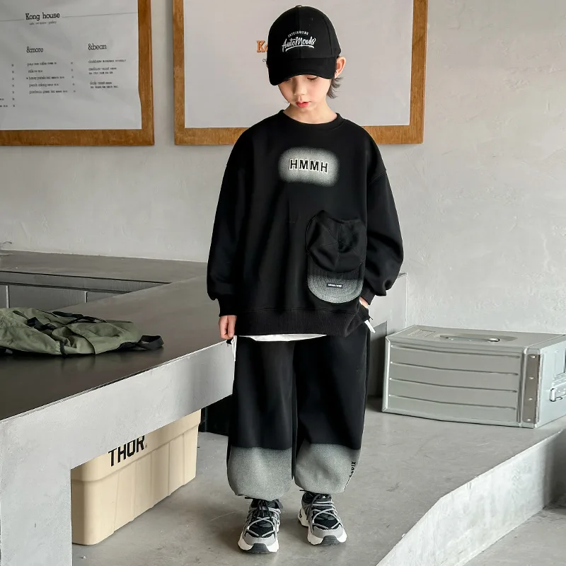 Spring Children Boy 2PCS Clothes Set Black Letter Print Pocket Sweatshrit+grandient Sports Pant Outfit 4-12Y Boy Match Tracksuit