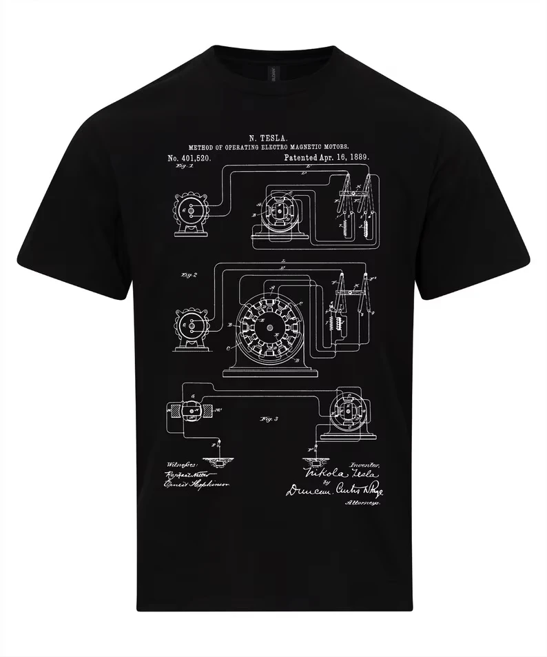 2026 New  Nikola Tesla Operating Motor Patent Famous Inventor T-shirt Science and Innovation Technology Engine20