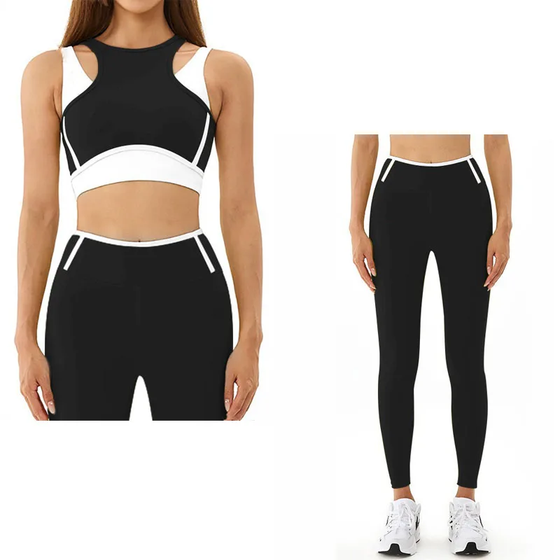 Conjunto de dos piezas para mujer, traje de Yoga empalmado, ajustado, para correr, con absorción de golpes, de secado rápido, para Fitness