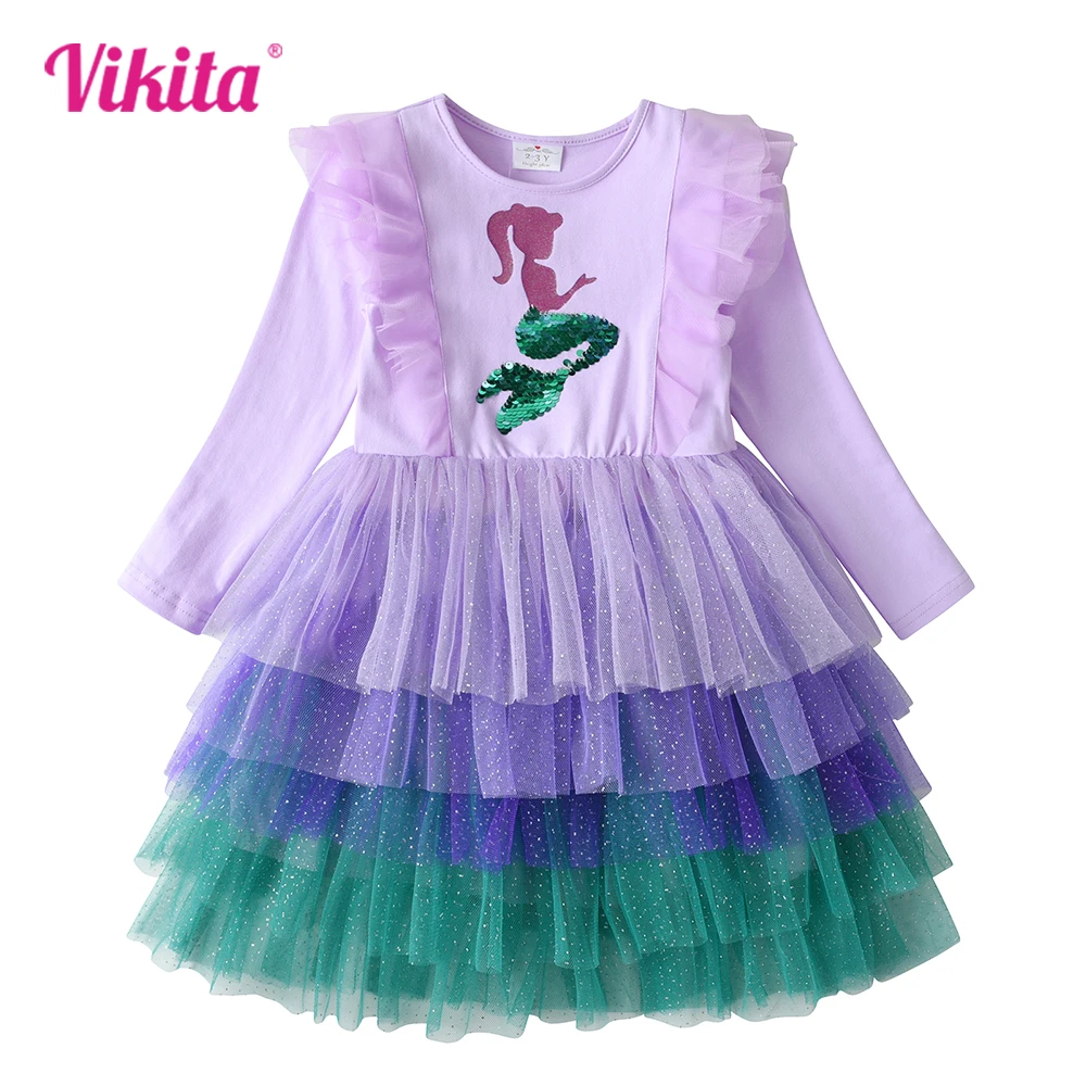 

VIKITA Girls Mermaid Sequined Appliqued Princess Tutu Dress Toddlers Autumn Spring Dresses Kids Birthday Party Children Clothes