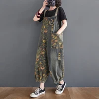 Casual Oversized Print Floral Denim Overalls For Women Loose Wide Leg Mom Jeans Rompers And Jumpsuit Cargo Straps Baggy Pants - Image 5