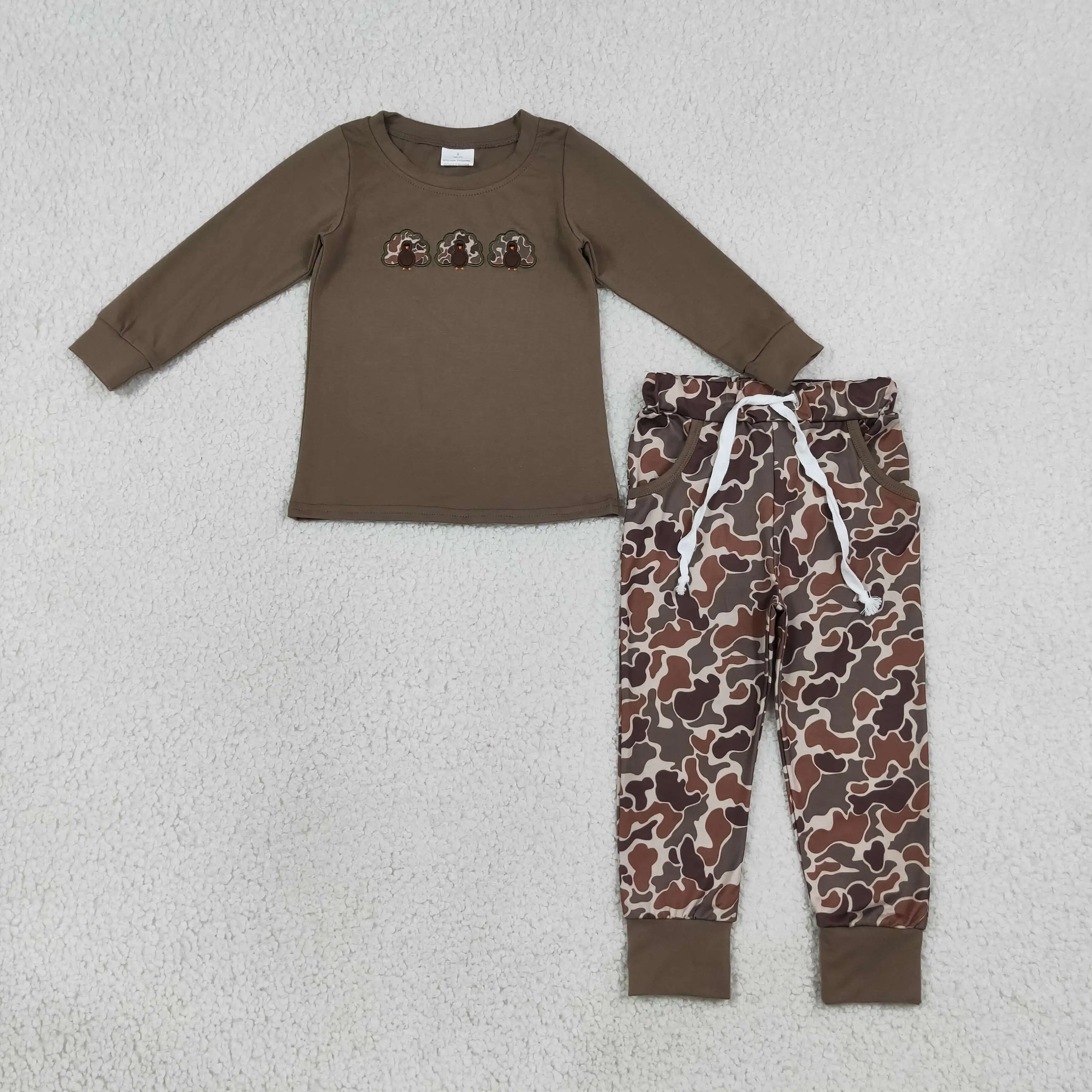 Wholesale Toddler Baby Kids Thanksgiving Outfit Clothes Boy Embroidery turkey Shirt Children Pockets Camo Pants Fall Set