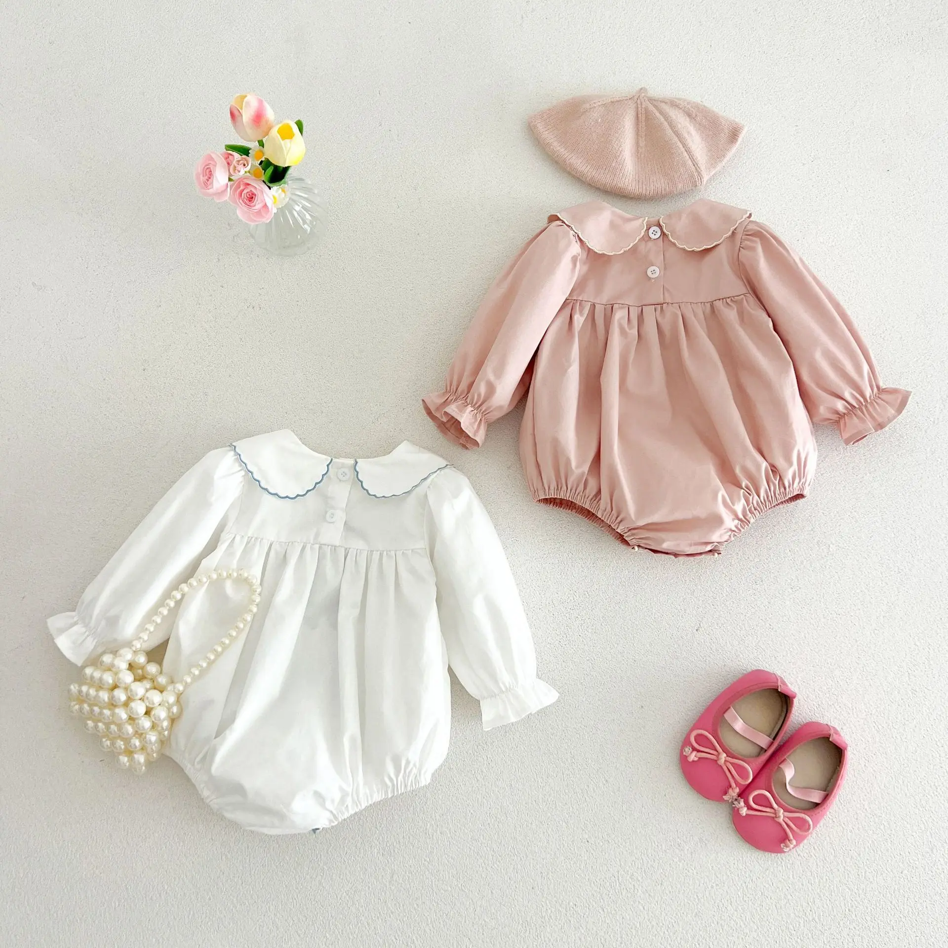 Baby Spring Autumn Long Sleeve Onesie Korean Bow Knot Turn Down Collar Romper Baby Girl Stylish Jumpsuit Childrens Wear