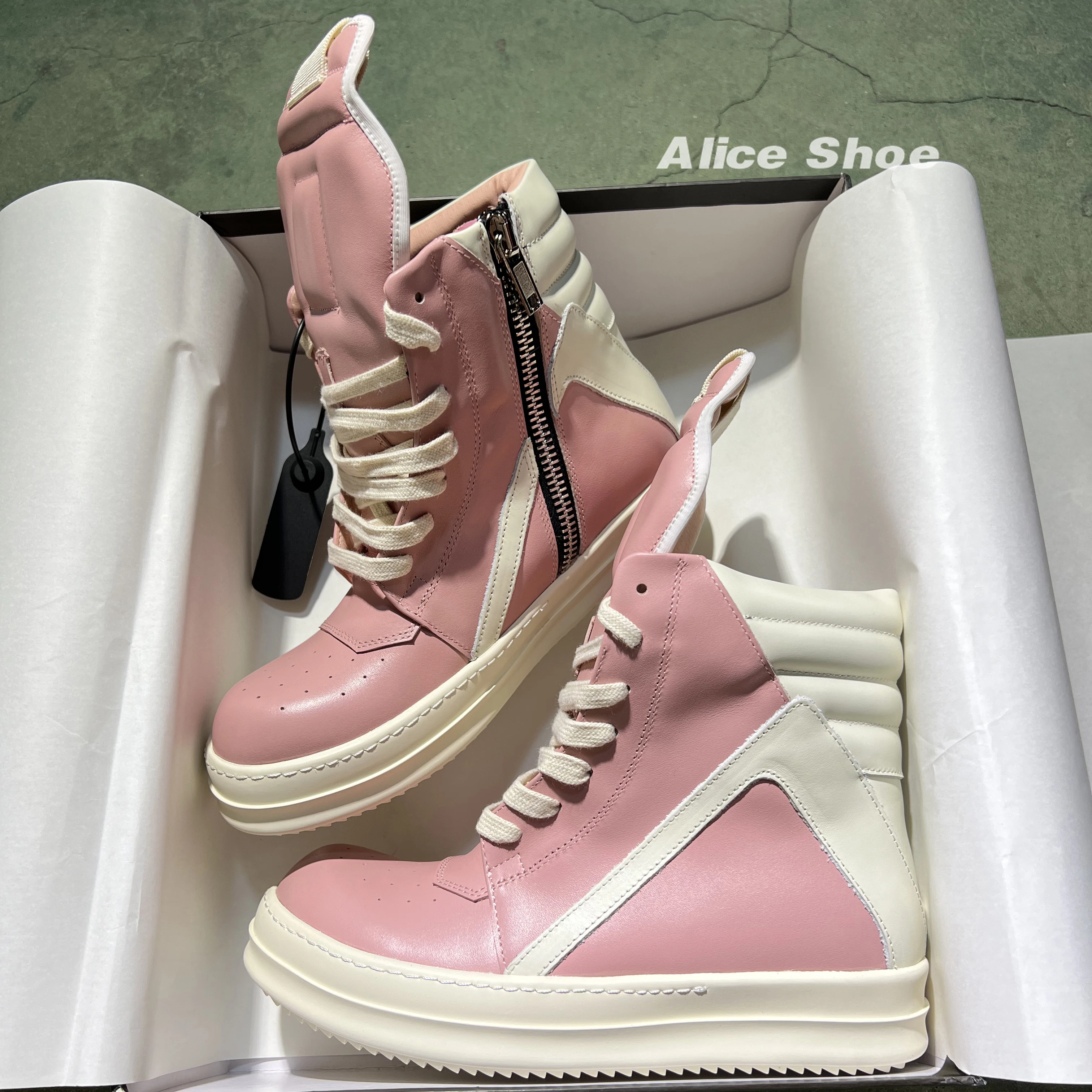 Brand Men Shoe Casual High Top Women Sneaker Leather ricks Lace Up Pink Geobasket Zip Owen Street Designer Flat Ankle Boot