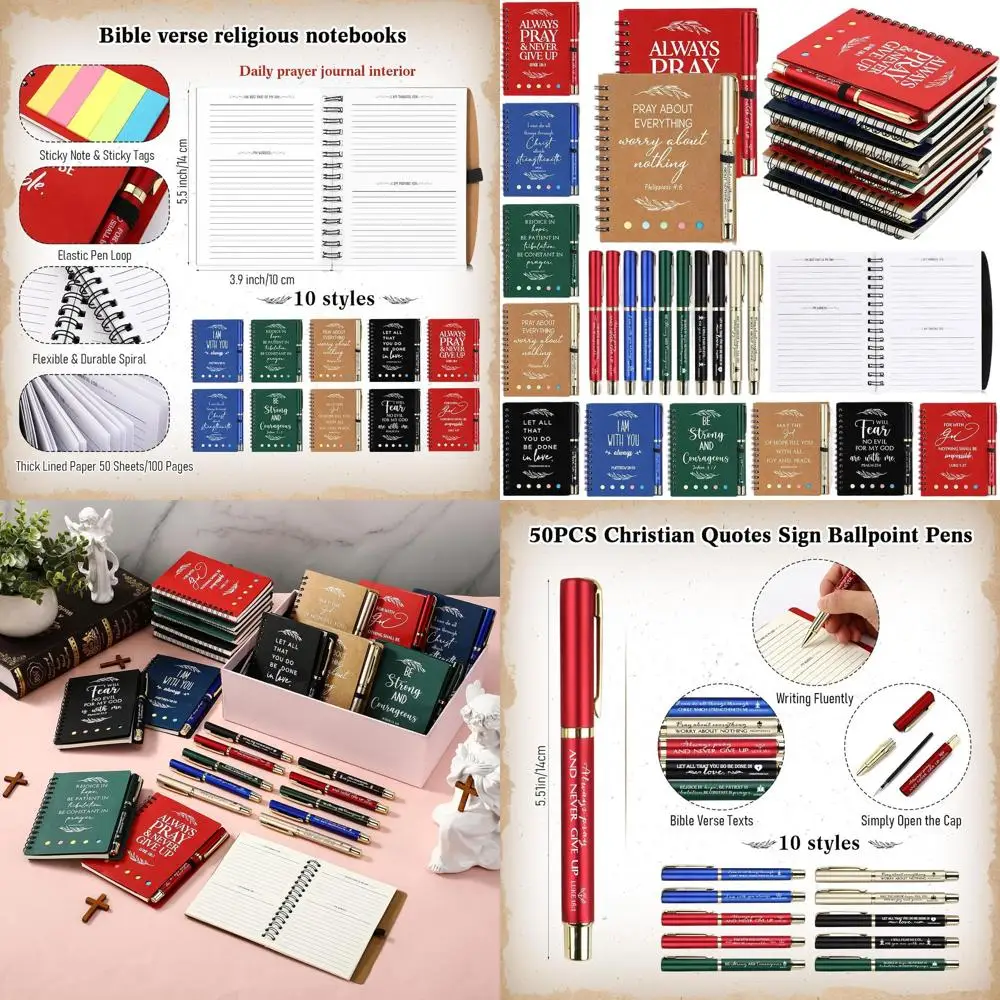 

Bulk Christian Gift Set: 50 Spiral Notebooks with Bible Verses, Sticky Notes, Ballpoint Pens, and Prayer Journals for Church, Su