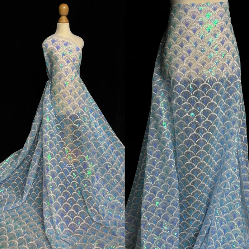 Laser Mermaid Scales Sequin Embroidery Mesh Fabric Shiny Stage Performance Costume Evening Dress Cloth Fashion Designer Fabric
