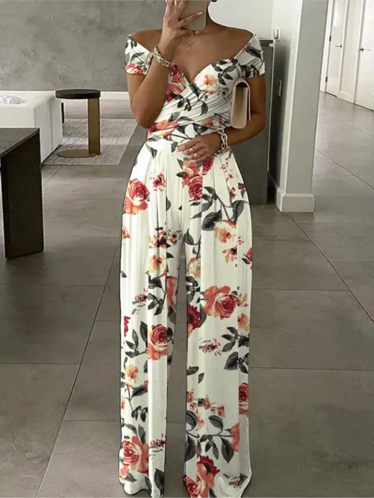 Summer New Printed One Shoulder Jumpsuits Women 2024 High Waist Short Sleeves Wide Leg Long Pants Slim Jumpsuit Ladies Commuting