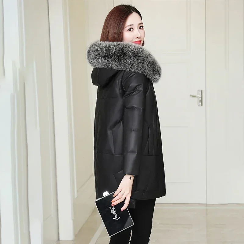 Genuine Leather Jacket Sheepskin Long Winter Jacket Women Clothes Fox Fur Collar Hooded Black Warm Down Jackets Chaquetas