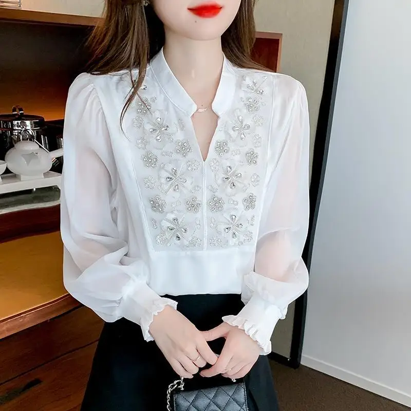Spring Autumn New Fashion Solid Color Women's Clothing Shirts Diamonds Lace Half Open Collar Temperament Zipper Korean Blouses