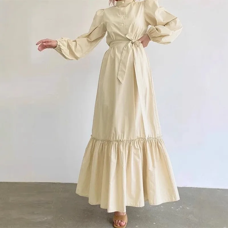 

Elegant Waist Cinching Solid Color Long Dress Autumn Women's Standing Collar Single Row Button Fashionable Patchwork Dress