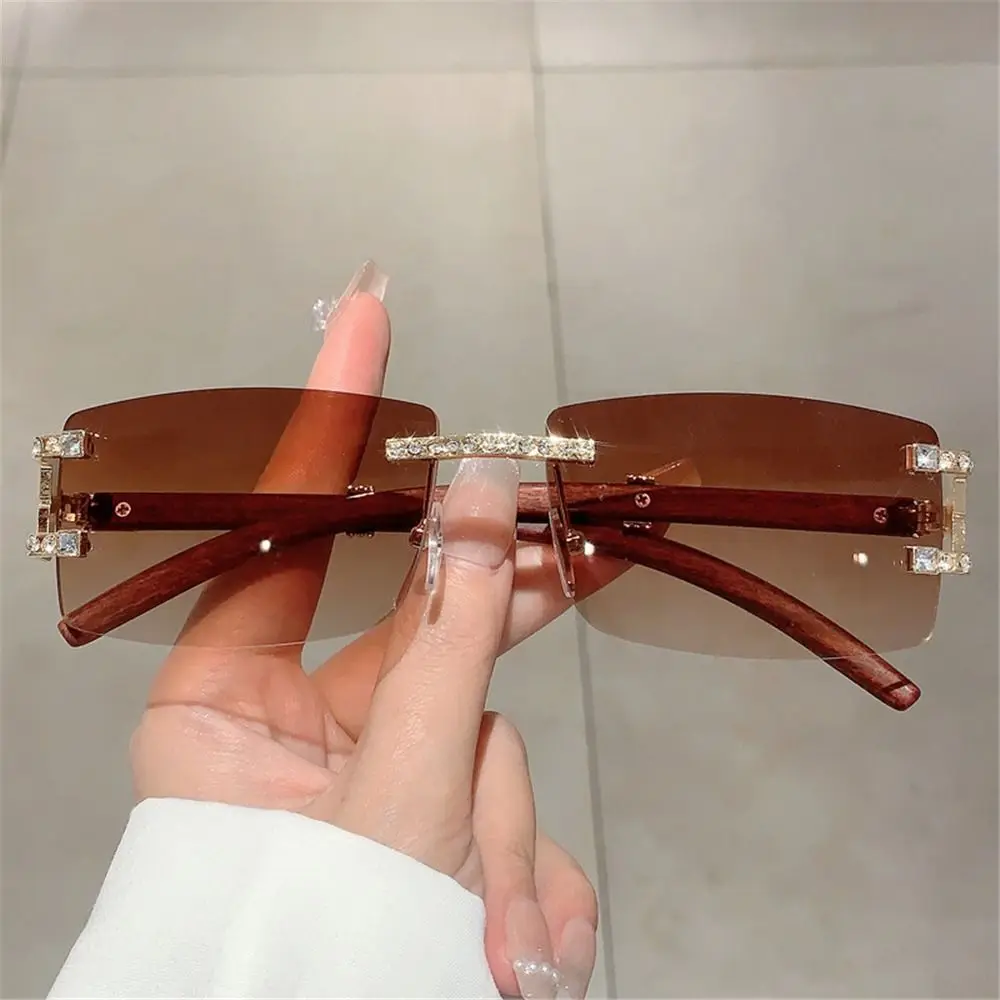 

Wood Diamonds Punk Sunglasses Rhinestone Frameless Women's Rimless Sun Glasses Rectangle Men's Shades