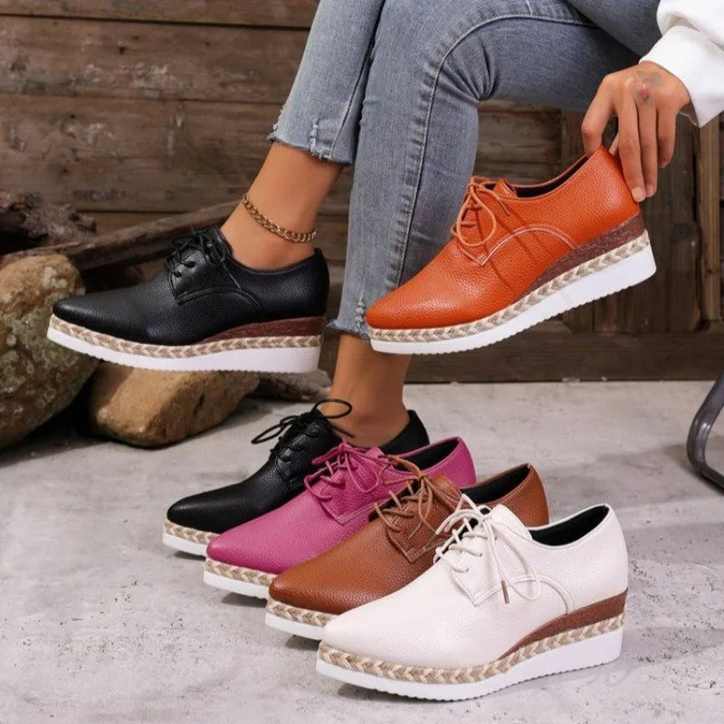 2026 Spring and Autumn New Women's Slope Heel Lace Up Single Shoes Fashionable Beautiful Comfortable Women's Casual Shoes