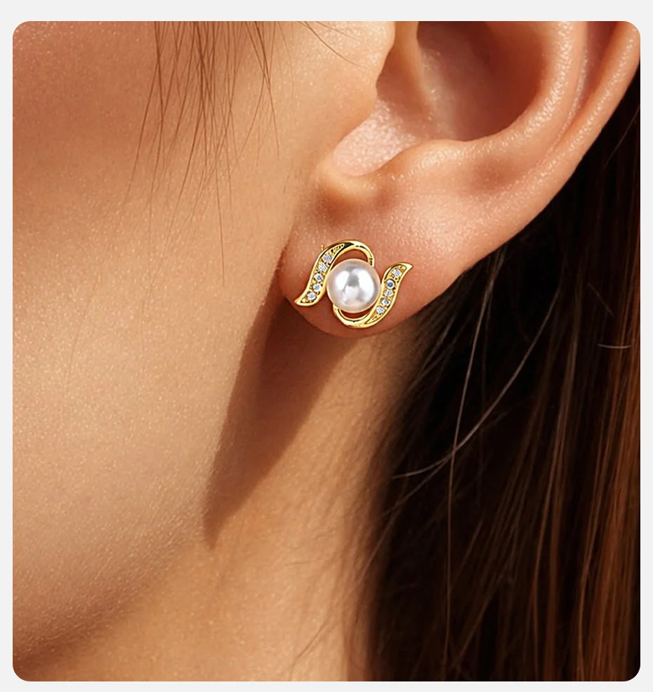 Vnox Exquisite Kupfer-Ohrringe mit geometrischen Imitationsperlen für Damen, trendige, vergoldete, glänzende Zirkon-Ohrstecker, Hochzeitsschmuck – Detail 2
