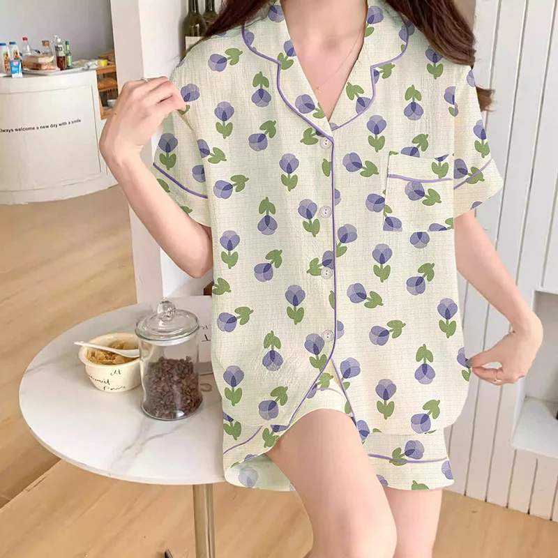 Korean Fresh Literary Sweet Print Women Pajamas Japanese Harajuku Simple Y2k Homewear 2024 New Summer Wrinkled Fabric Nightwear