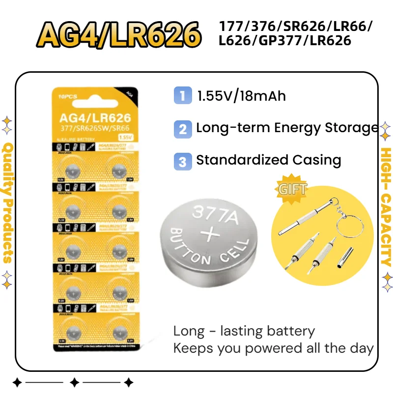 top2-100PCS 1.55V AG4 LR626 377 SR626 177 626A 377A CX66W Alkaline Coin Cell  Button Battery For Watch Toys Remote Calculator Cl