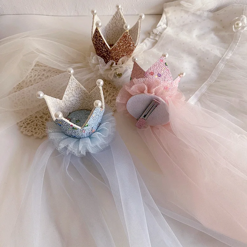 Цельная милая заколка для волос с короной для маленьких детей, европейские блестящие заколки в стиле ретро с сеткой, головные уборы для дня рождения для малышей