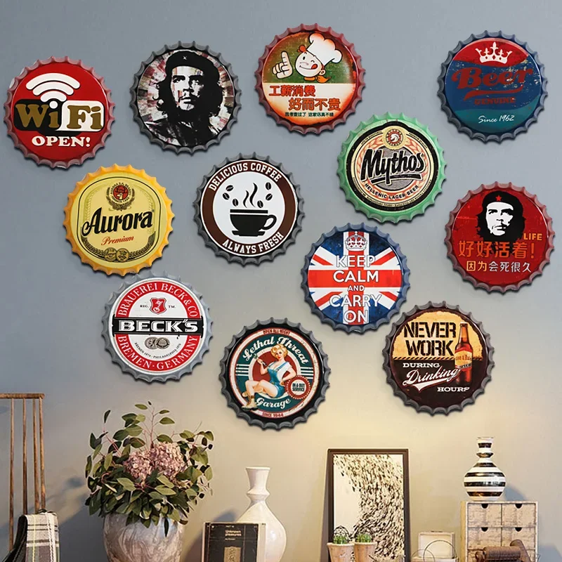 Beer Bottle Cap Vintage Tin Sign Bar Pub Football club Cafe Home Wall Decor Car Plates Metal Art Poster Retro Metal Round Plaque