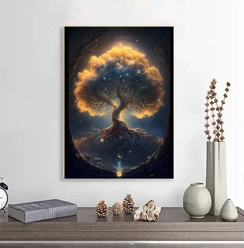 Fantasy Pirate Ship Poster Canvas Painting Waterfall in Forest Nature Tree of Life Wall Art Picture Living Room Home Decor