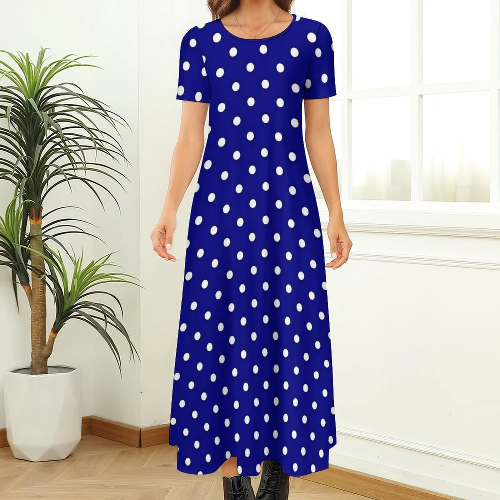 Blue Polka Dots Dress Vintage Print Elegant Maxi Dress Woman Short Sleeve Streetwear Boho Beach Long Dresses Big Size