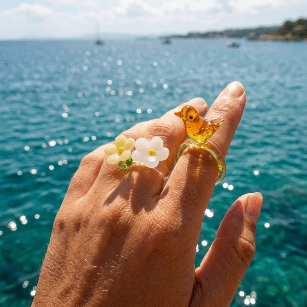 Fashion Handmade Glass Bird Ring Childishness Exquisite Flowers Finger Ring Vintage Cute Coloured Glaze Ring Girls