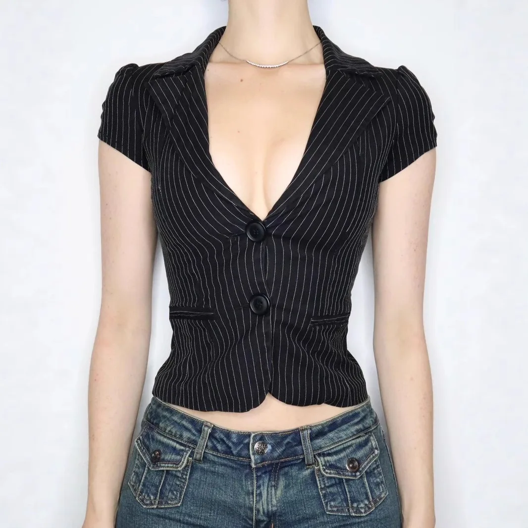 

2026 New Arrival Women's American Hot Girl Style Pinstripe Blazer Deep V Neck Lapel Two Button Fitted Short Sleeve Top
