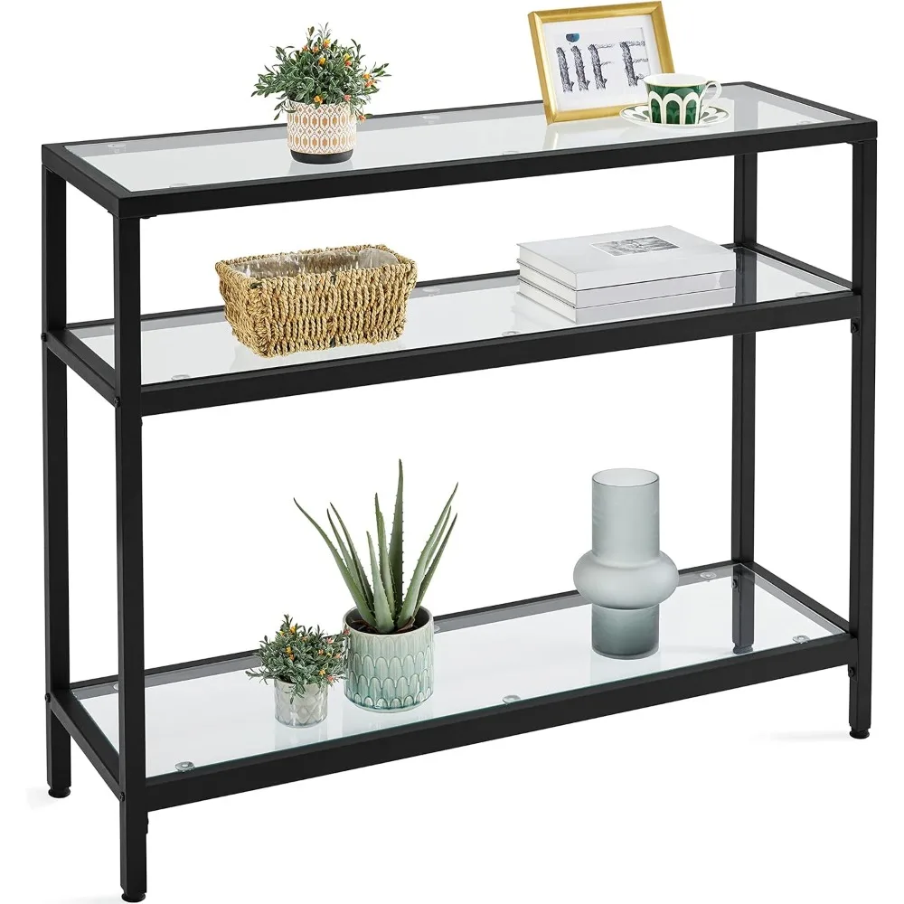 

39.5" Console Table with 3 Storage Shelves,Tempered Glass Sofa Table, Modern Entryway Tables with Metal Frame for Hallway Livin