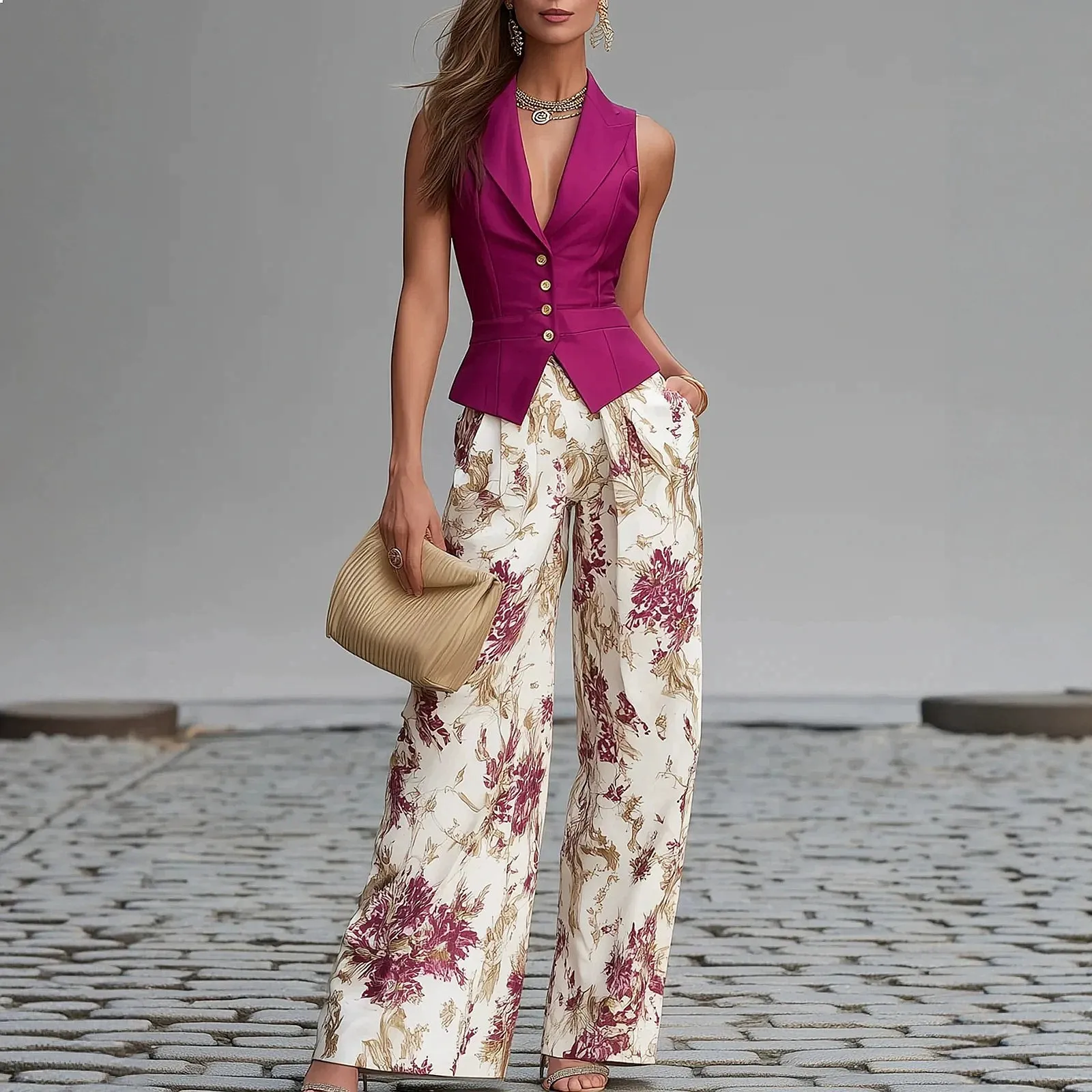Matching Set Sleeveless Vest & Printed Wide Leg Pants Jumpsuit Playsuit Tracksuit Burgundy