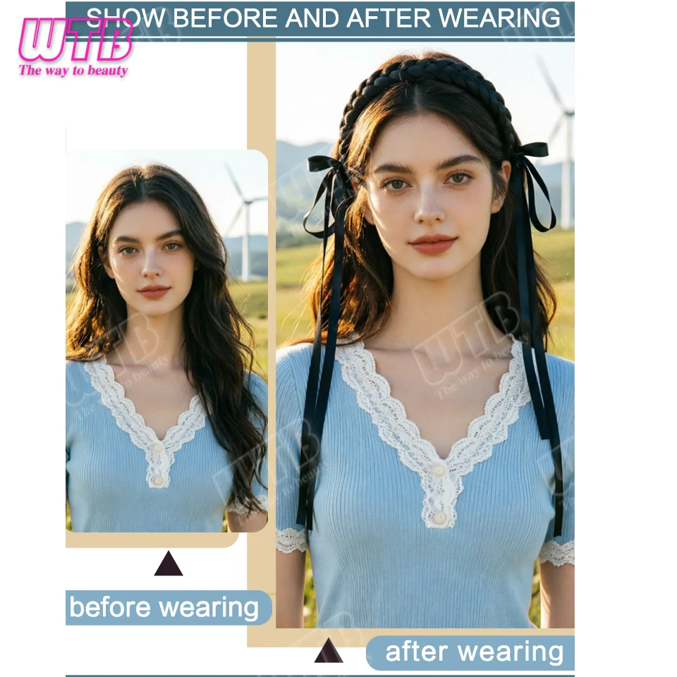 WTB Braided Headband Wig Synthetic Wig Fishtail Braid Headband with Black Bow Suitable for Women's Daily Wear and Holiday Events