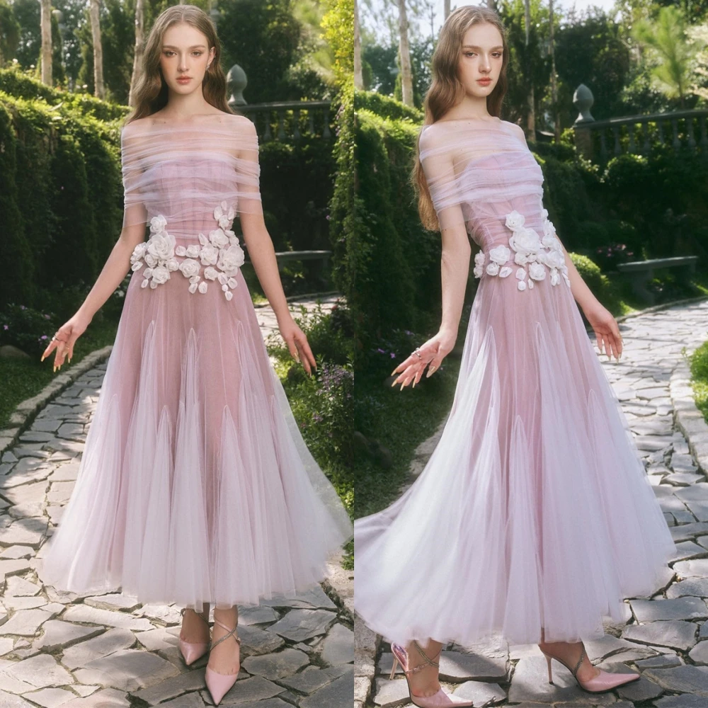 Customized Modern Tulle Flowers Evening Dress Delicate Boat Neck Prom Dresses Temperament Short Sleeves Special Occasion Gowns