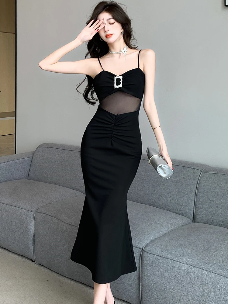 2024 Black Patchwork Mesh Sheer Sexy Club Dress Women Luxury Elegant Sling Dress Spring Summer Korean Vintage Evening Dress Gown