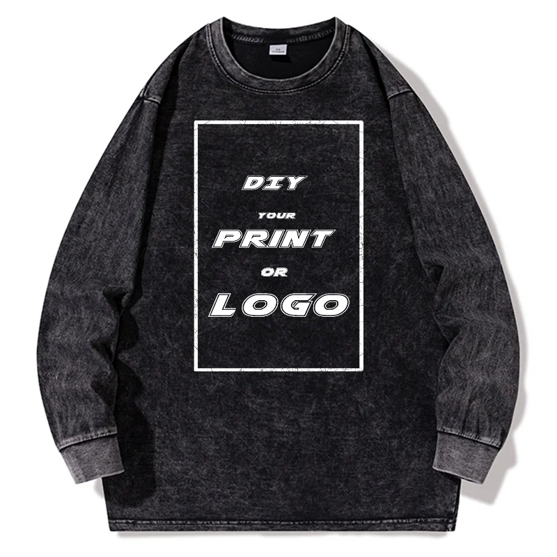 

Customized men's washed round neck sweater, creating original design logo text pattern printing high-quality long sleeved sweate