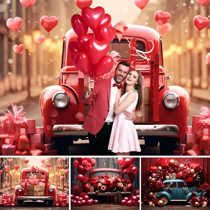 

Mocsicka Valentine's Day Photography Background Red Car Gift Box Balloon Love Heart Decor Portrait Photo Backdrop Studio Props