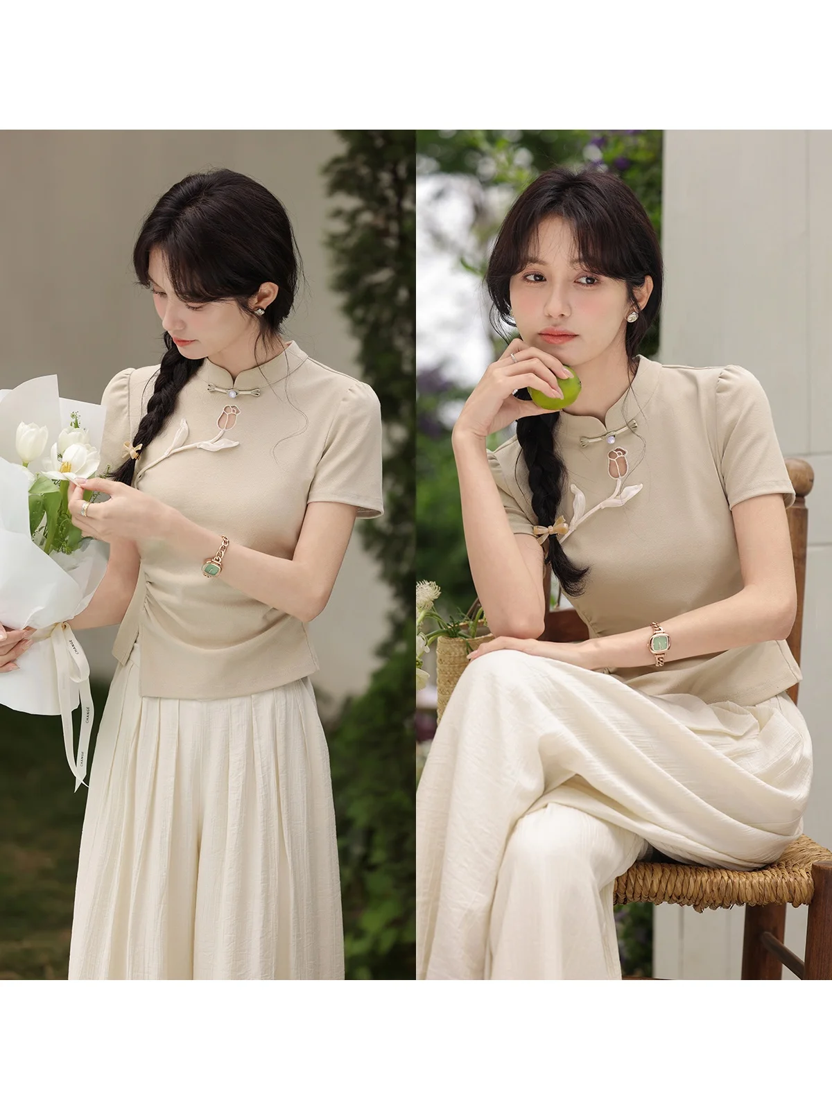 

Женская футболка Slim Fit с коротким рукавом, новый китайский дизайн, круглый вырез, повседневный летний топ от Deer Southward