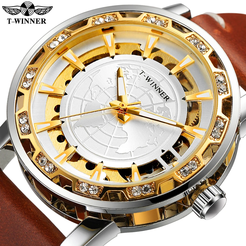 2025 Winner Classic Men's Manual Winding Mechanical Watch With Luminous Hands Luxury Gold-tone Skeleton Case Retro Leather Strap